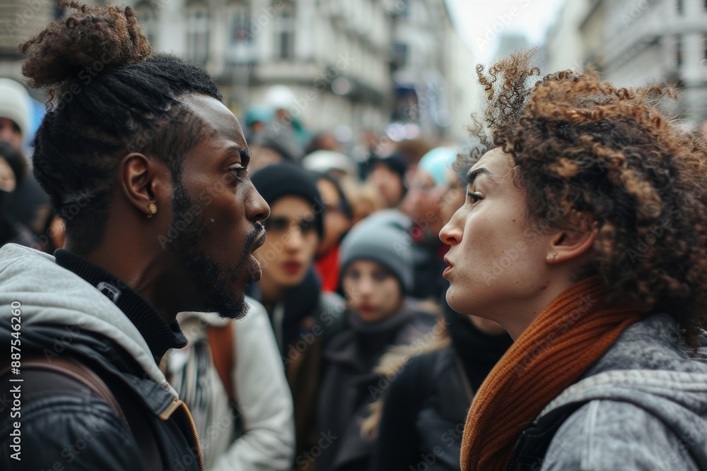 Two people engaged in a heated debate in a bustling city square, their faces intense and passionate Two people engaged in a heated debate in a bustling city square, their faces intense and passionate