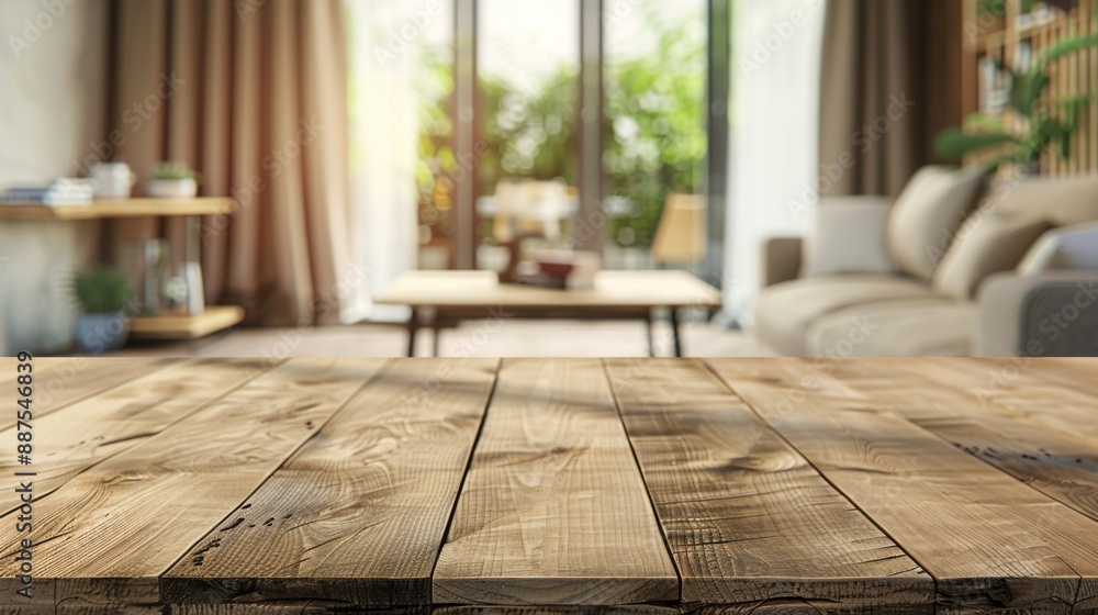 Wood table top on blur living room have sofa and armchair Wood table top on blur living room have sofa and armchair