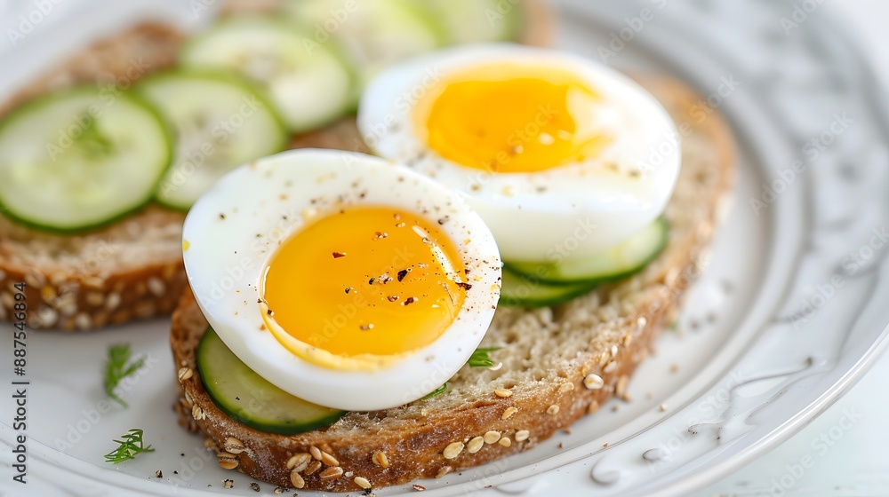A plate of toast with two eggs and cucumber slices A plate of toast with two eggs and cucumber slices