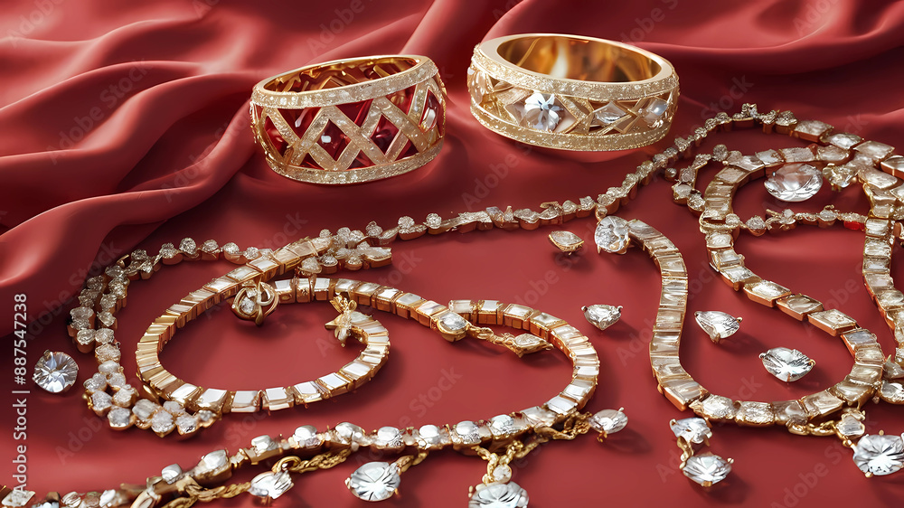 GOLDS AND DIAMONDS ABOVE THE BEAUTIFUL RED FABRIC GOLDS AND DIAMONDS ABOVE THE BEAUTIFUL RED FABRIC