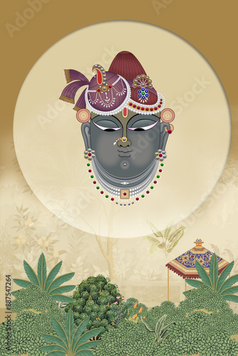 A Beautiful Indian Cow Pichwai Art Illustration with background Interior Wall Decoration,Pichwai Krishna	 photo