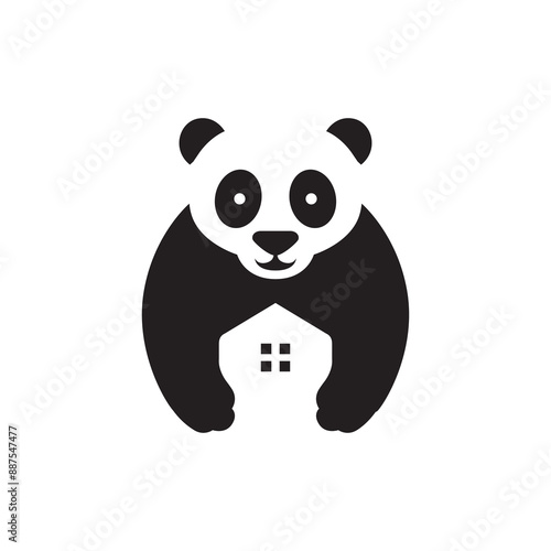 cute panda panda house mascot flat logo design vector
