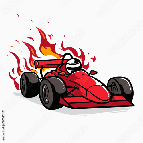 Cartoon Race Car on Fire, Symbolizing Speed and Intensity with Copy Space