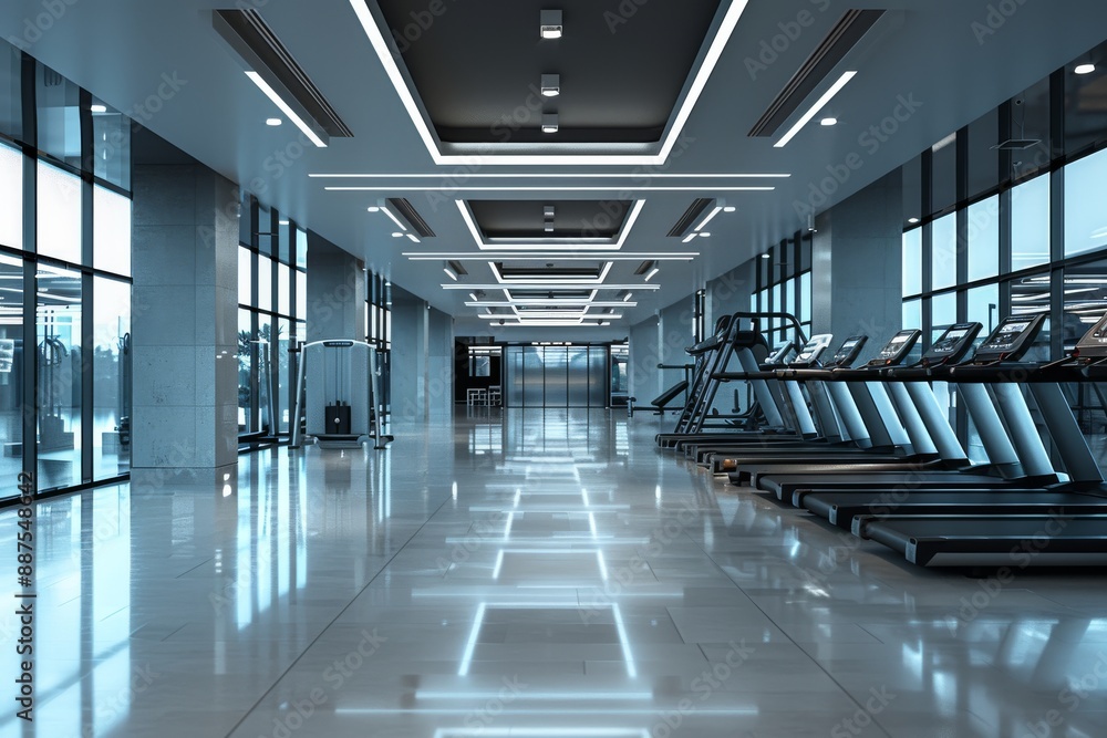 Obraz premium Spacious gym with rows of treadmills and large windows emphasizing an open and inviting environment
