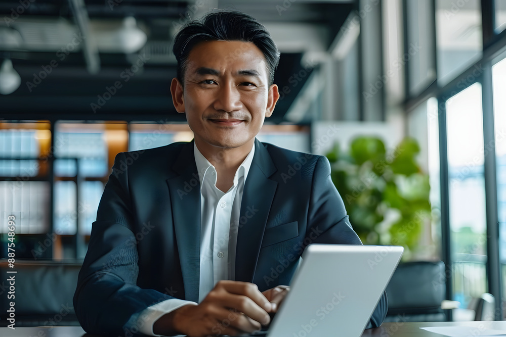 happy asian mid age business man professional ceo using tablet computer, looking at camera at desk in the office happy asian mid age business man professional ceo using tablet computer, looking at camera at desk in the office