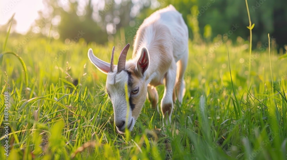 Small goat grazing in lush field Small goat grazing in lush field