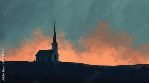 Christian Church Steeple Silhouetted at Dusk Transition and Faith Beige Background and Copyspace © T Studio