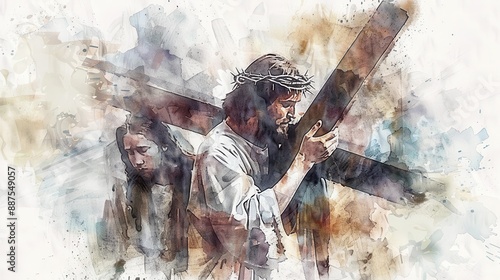 Jesus Carrying the Cross Biblical Illustration Watercolor Style Faith and Sacrifice Beige Background copyspace