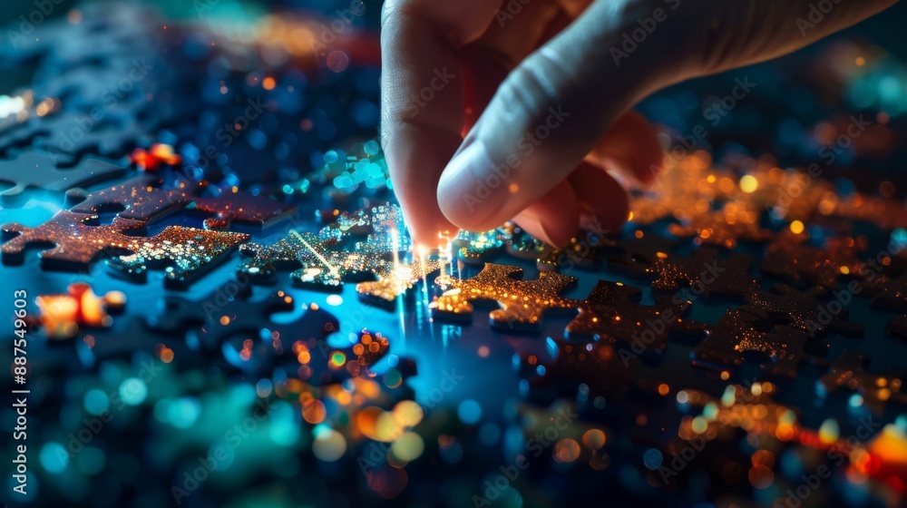 A hand reaches out carefully adding the final piece to a complex puzzle representing the satisfaction of a successful data analysis and solution A hand reaches out carefully adding the final piece to a complex puzzle representing the satisfaction of a successful data analysis and solution