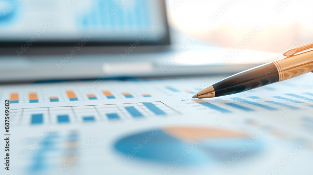A consultant's pen pointing to critical figures on financial documents filled with charts and graphs, with ample copy space for extra text A consultant's pen pointing to critical figures on financial documents filled with charts and graphs, with ample copy space for extra text