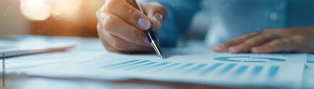 Close-up of financial documents featuring various charts and a consultant's hand making notes, with plenty of copy space for text or graphics Close-up of financial documents featuring various charts and a consultant's hand making notes, with plenty of copy space for text or graphics