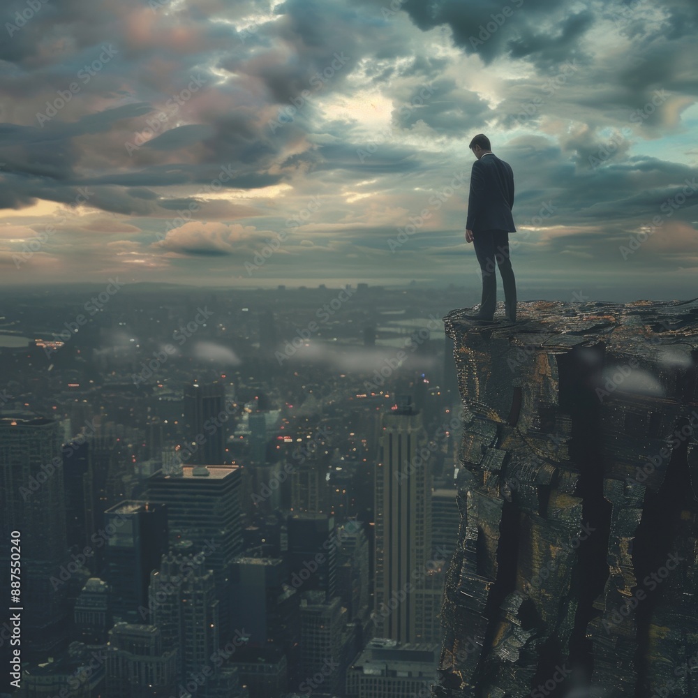 A man stands at the edge of a cliff overlooking a cityscape at dusk. Conceptual digital art evoking solitude and reflection. Dark tones and moody atmosphere. Surreal urban landscape. Generative AI A man stands at the edge of a cliff overlooking a cityscape at dusk. Conceptual digital art evoking solitude and reflection. Dark tones and moody atmosphere. Surreal urban landscape. Generative AI