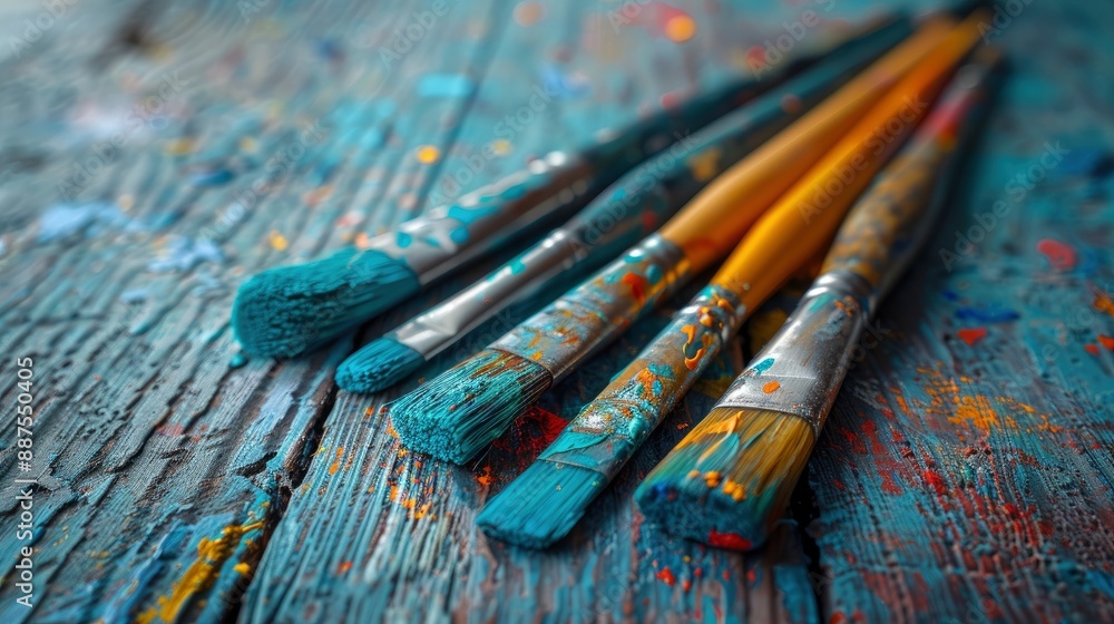 Fototapeta premium A Group Of Painting Brushes On A Wooden Textured Table, Organized And Professional, High Quality Background