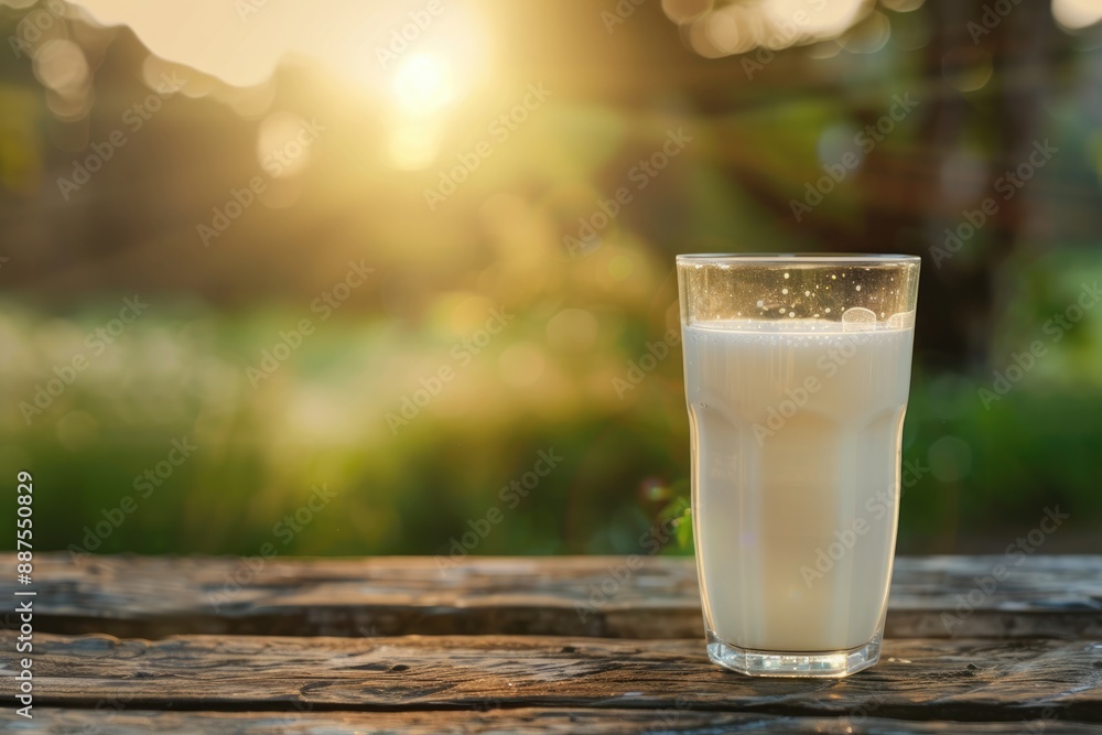 Glass of milk on nature background. Words World Milk Day on wood. Glass of milk on nature background. Words World Milk Day on wood.