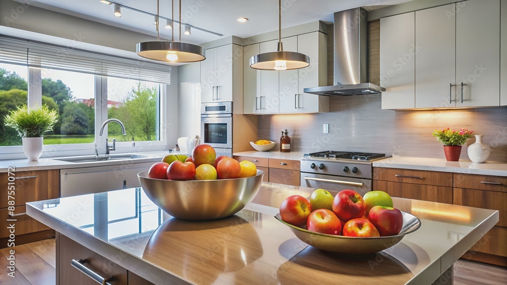 Fotografía de una cocina impecable con electrodomésticos modernos y un cuenco con manzanas frescas en la encimera. Fotografía de una cocina impecable con electrodomésticos modernos y un cuenco con manzanas frescas en la encimera.