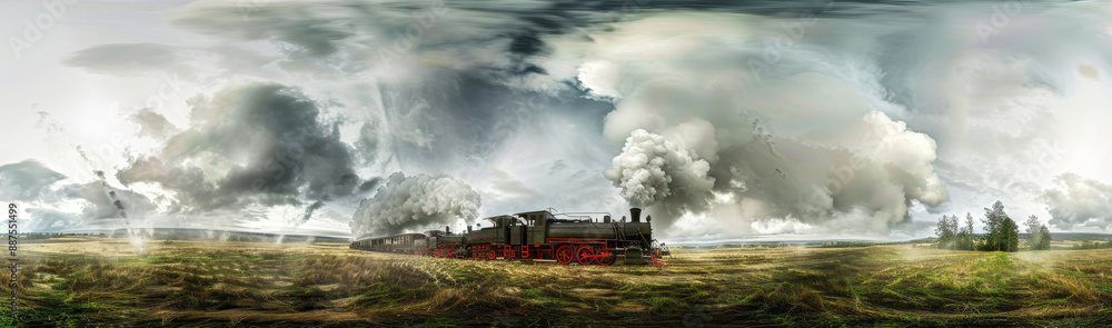 Fototapeta premium Steam Train in a Dramatic Landscape - A steam train chugs through a dramatic landscape with stormy clouds and a wide-open field.