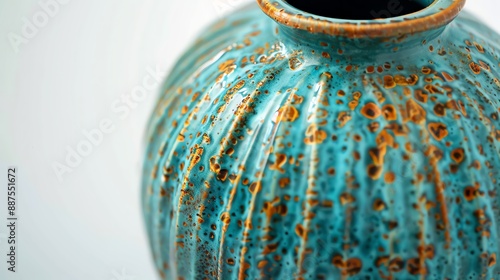 Close-up of an intricately textured ceramic vase with a teal and rust glaze, showcasing artistic craftsmanship and vibrant coloration. photo