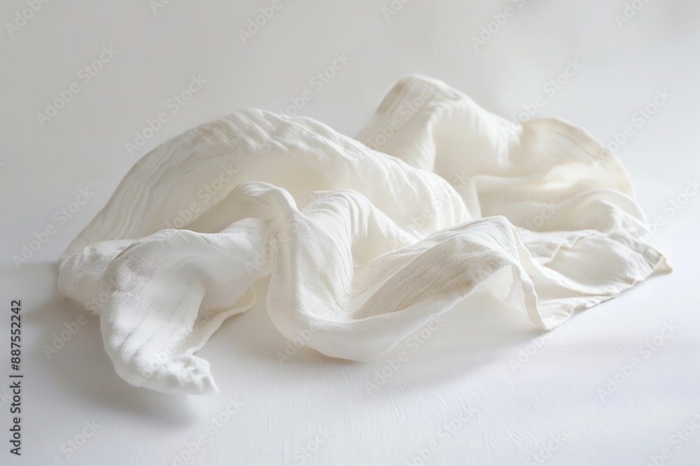 Crumpled white fabric on white background, showcasing texture and folds. Perfect for design projects and backgrounds. Crumpled white fabric on white background, showcasing texture and folds. Perfect for design projects and backgrounds.