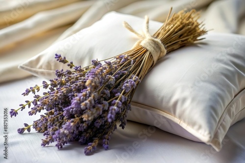 dried lavender bundle on pillow. Insomnia natural remedy photo