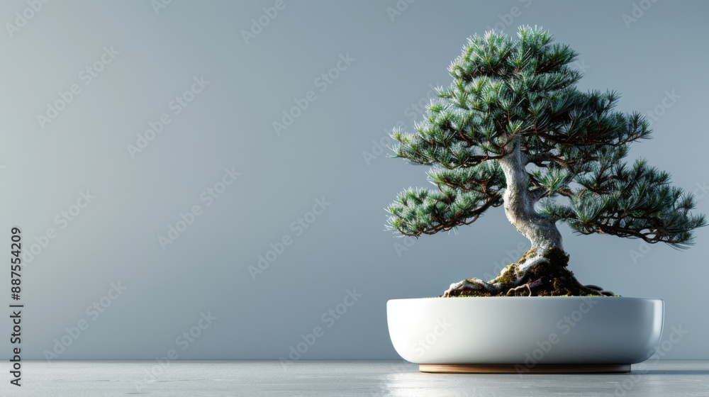 Ultra-detailed image of a pine bonsai tree in a white ceramic pot on the right side of a plain grey background, captured with a close-up shot in high resolution, high quality, high detail, and hyper Ultra-detailed image of a pine bonsai tree in a white ceramic pot on the right side of a plain grey background, captured with a close-up shot in high resolution, high quality, high detail, and hyper