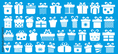 Gift box icons on blue background. Vector illustration