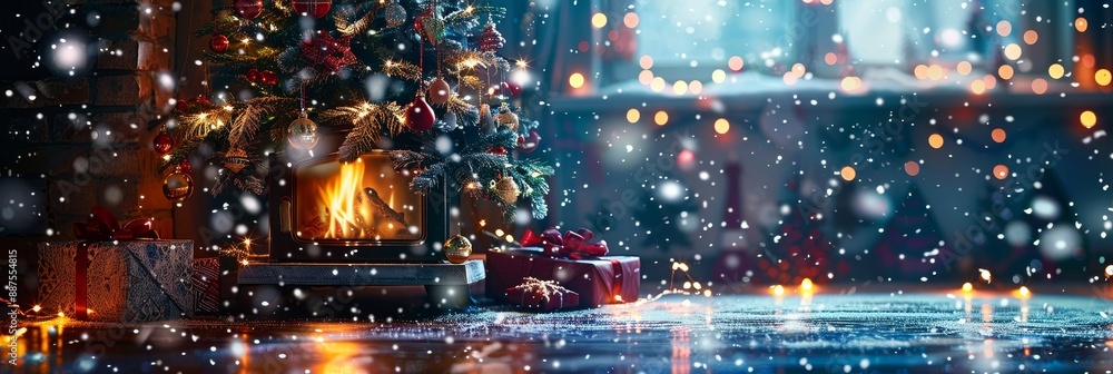 Cozy Christmas Fireplace with Falling Snow - A Christmas fireplace with falling snow and a decorated tree. Cozy ambiance with warm lights and gifts. Cozy Christmas Fireplace with Falling Snow - A Christmas fireplace with falling snow and a decorated tree. Cozy ambiance with warm lights and gifts.