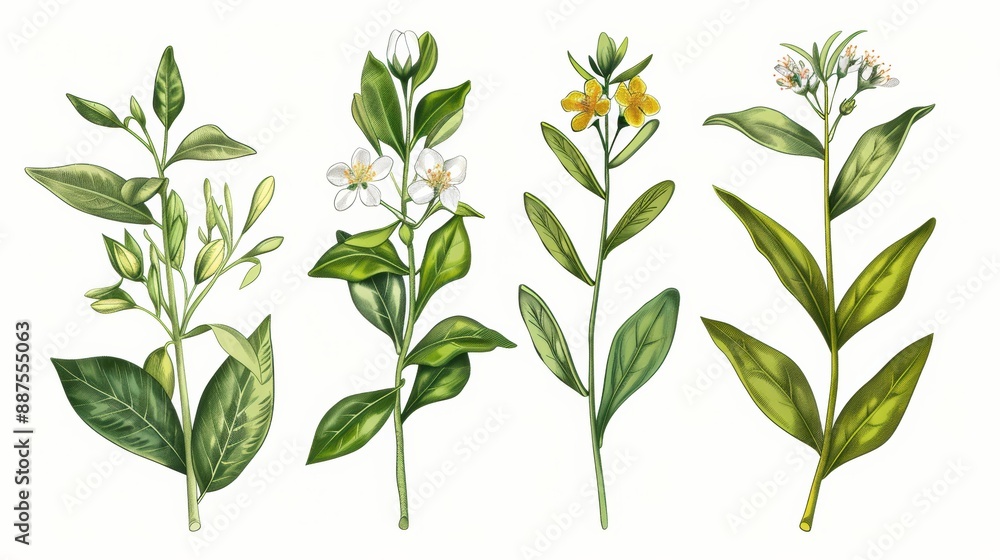 A hand-drawn botanical illustrations, detailed and realistic, colored versions A hand-drawn botanical illustrations, detailed and realistic, colored versions