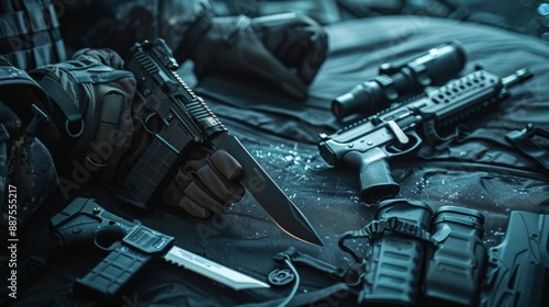 Tactical gear and weapons on a dark surface. Close up of rifle, knives, and military equipment. Perfect for articles on military or tactical subjects. © Tamara