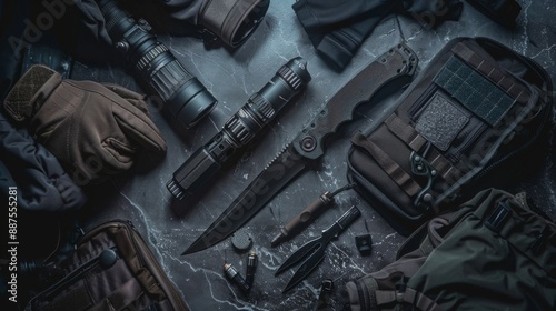 Outdoor survival gear set, including knife, flashlight, gloves and tactical bag on dark background with a rugged environment feel