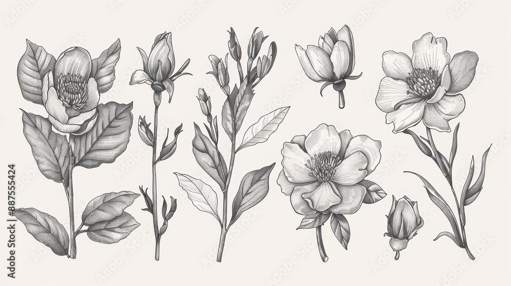 A hand-drawn botanical illustrations, detailed and realistic, colored versions A hand-drawn botanical illustrations, detailed and realistic, colored versions