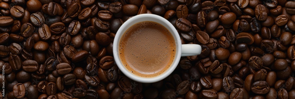 Espresso Coffee Cup on Coffee Beans - Top view of a small white cup filled with espresso on a background of roasted coffee beans. Espresso Coffee Cup on Coffee Beans - Top view of a small white cup filled with espresso on a background of roasted coffee beans.