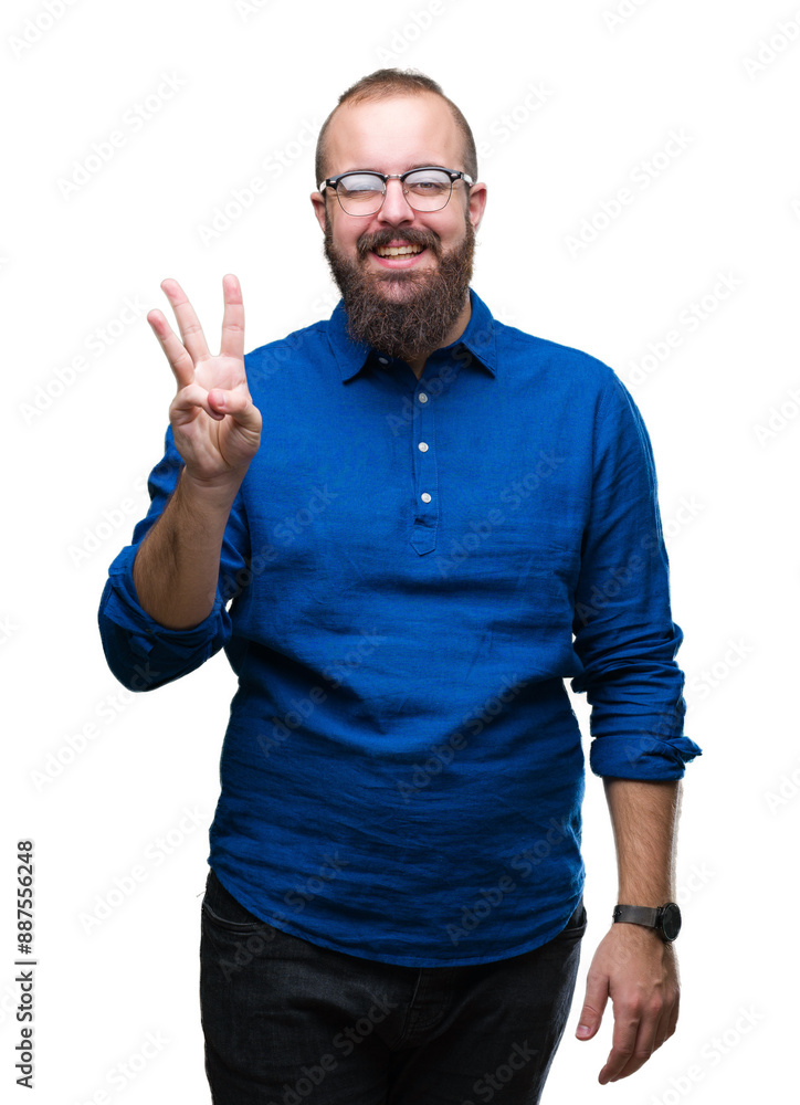 Young caucasian hipster man wearing glasses over isolated background showing and pointing up with fingers number three while smiling confident and happy. Young caucasian hipster man wearing glasses over isolated background showing and pointing up with fingers number three while smiling confident and happy.