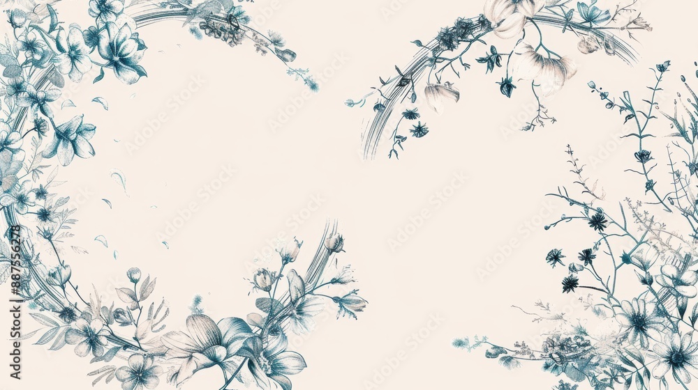 A hand-drawn floral wreaths and frames, delicate and intricate, black and white and colored versions A hand-drawn floral wreaths and frames, delicate and intricate, black and white and colored versions