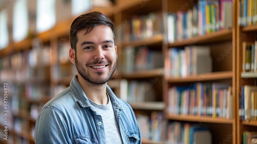 Dedicated Male Librarian Wearing Casual Clothes Smiling at the Camera with Bookshelves of Various Literature in the Background Highlighting His Commitment to Library Services Dedicated Male Librarian Wearing Casual Clothes Smiling at the Camera with Bookshelves of Various Literature in the Background Highlighting His Commitment to Library Services