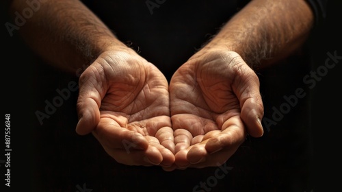 Close up of male hands begging or holding something over black background © Usman
