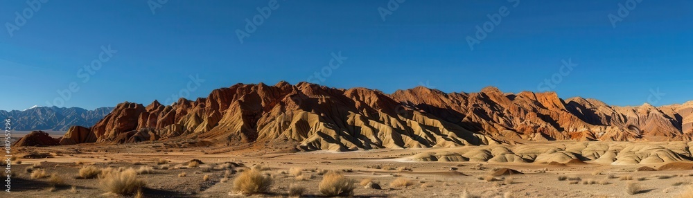 Naklejka premium Arid desert landscape with eroded rock formations under a blue sky with clouds.