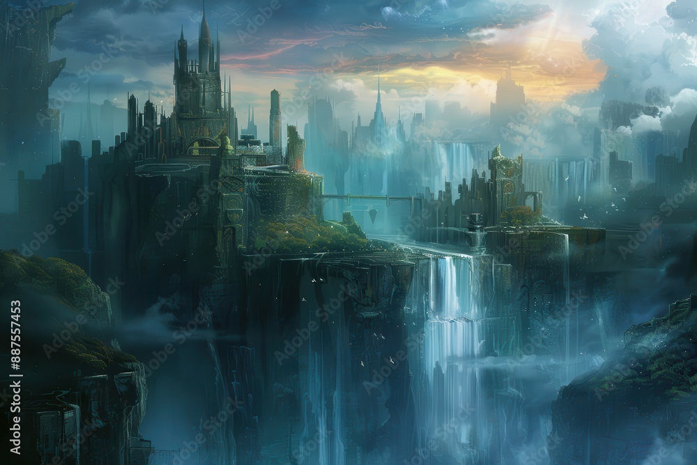 Fototapeta premium Ancient metropolis floating above the clouds with waterfalls and airships