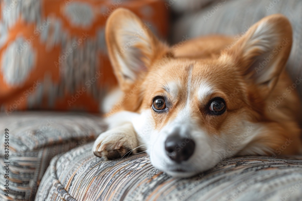 Small breed canine resting on sofa in workplace up close. Small breed canine resting on sofa in workplace up close.
