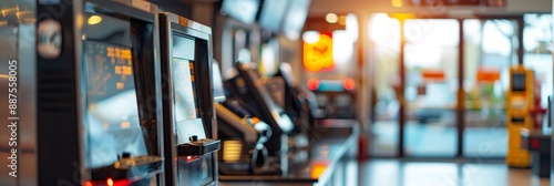 Self-Service Kiosk in a Modern Retail Store - A close-up view of a self-service kiosk in a modern retail store. The kiosk features a digital screen, buttons, and an illuminated display. The store inte