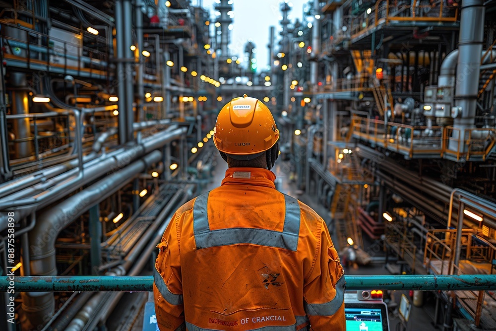 Fototapeta premium A man in a yellow helmet stands in front of a large industrial plant