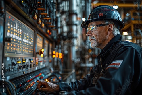Wallpaper Mural A man in a hard hat is working on a computer monitor in a factory Torontodigital.ca