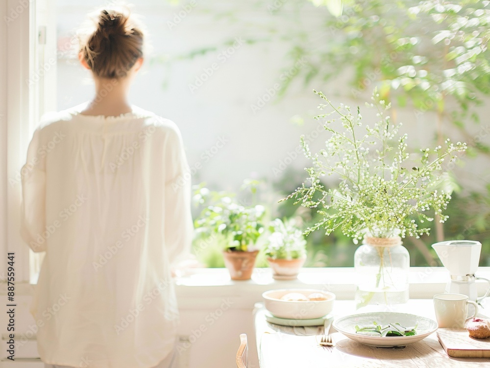 Serene Morning Scene Young Woman in White Enjoying Breakfast by Sunlit Window Overlooking Blossoming Garden Serene Morning Scene Young Woman in White Enjoying Breakfast by Sunlit Window Overlooking Blossoming Garden