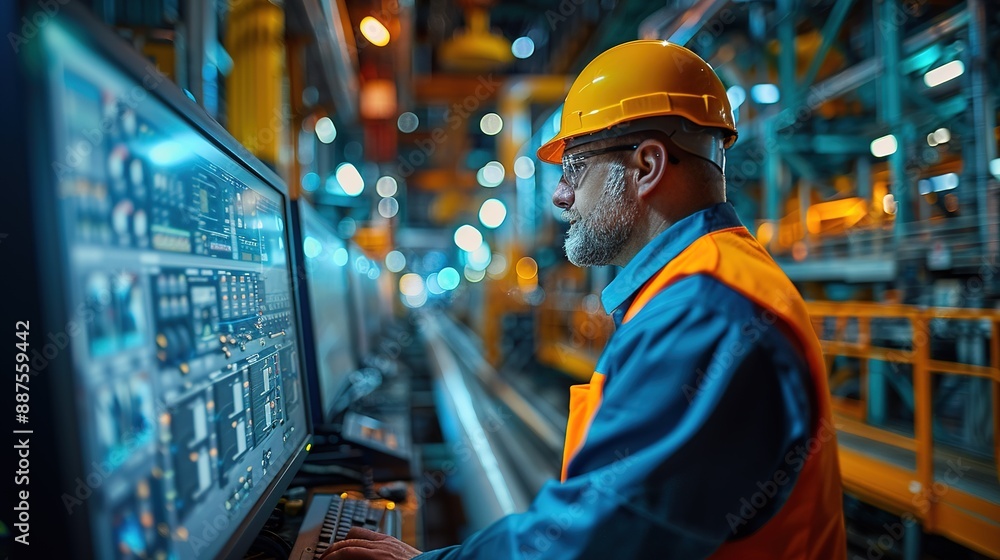 A man in a yellow helmet and orange vest is working on a computer monitor A man in a yellow helmet and orange vest is working on a computer monitor