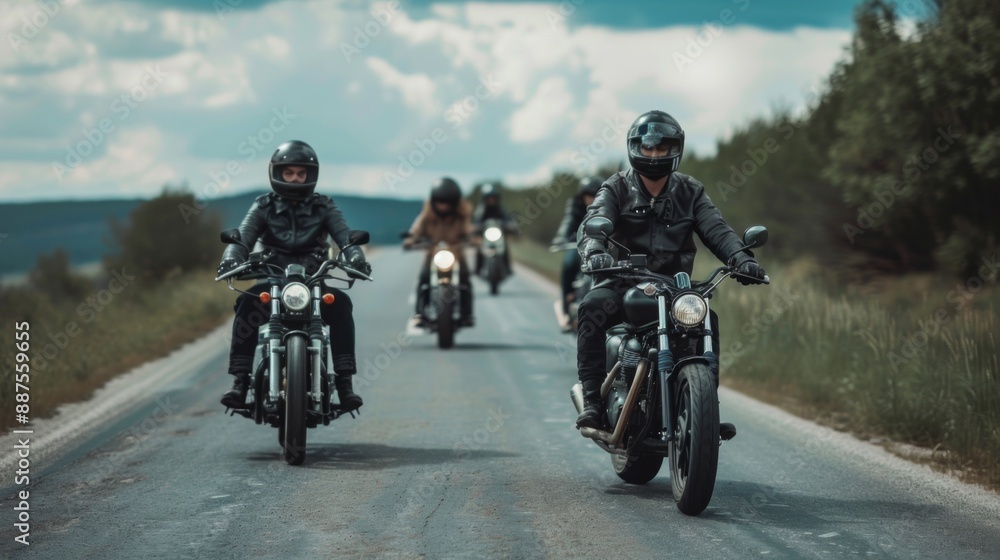 Group of motorcycle riders in black clothes on the road Group of motorcycle riders in black clothes on the road
