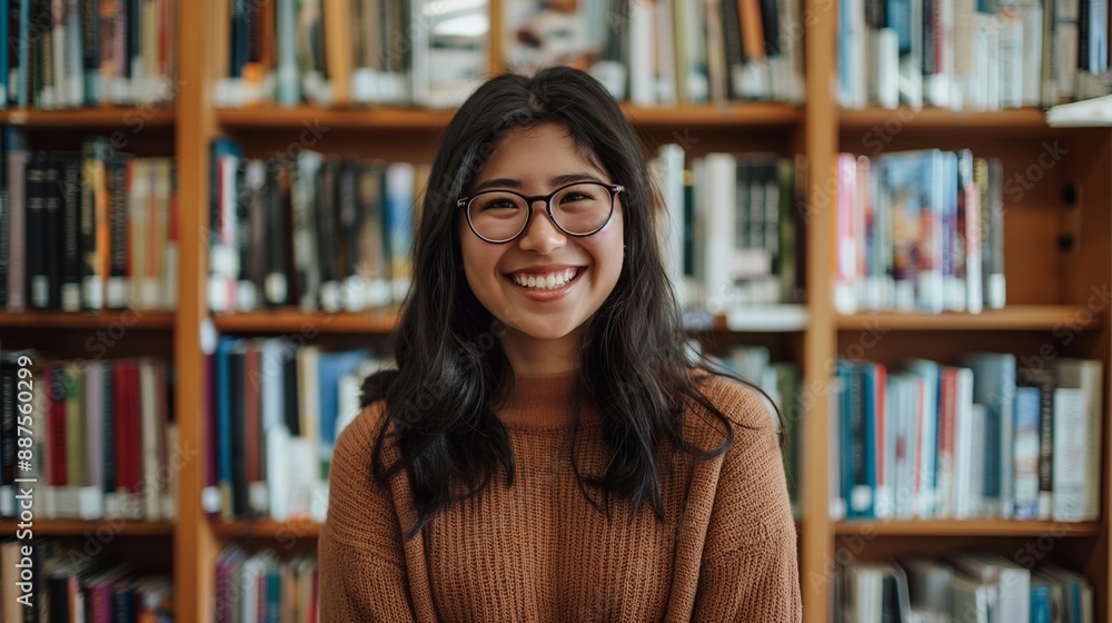 Smiling Female Librarian in Casual Attire Standing in Front of Bookshelf Filled with Literature, Showcasing Dedication to Library Service and Love for Books, Captured from Waist Up Smiling Female Librarian in Casual Attire Standing in Front of Bookshelf Filled with Literature, Showcasing Dedication to Library Service and Love for Books, Captured from Waist Up