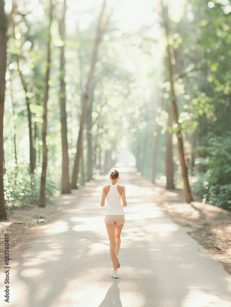 Morning Jog in Serene Forest Slender Caucasian Woman Running at Sunrise, Radiant Rays Illuminate Path Morning Jog in Serene Forest Slender Caucasian Woman Running at Sunrise, Radiant Rays Illuminate Path