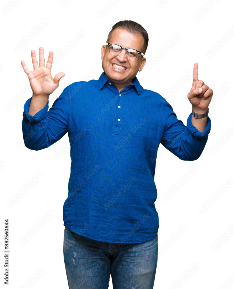 Middle age arab man wearing glasses over isolated background showing and pointing up with fingers number six while smiling confident and happy. Middle age arab man wearing glasses over isolated background showing and pointing up with fingers number six while smiling confident and happy.