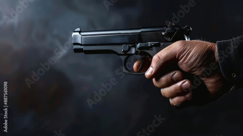 Male hand holding gun over dark background