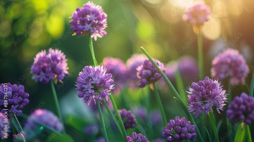 Springtime garden with blooming lilac flowers and an onion blossom. Springtime garden with blooming lilac flowers and an onion blossom.
