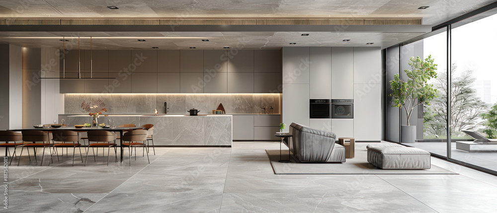 Modern minimalist kitchen and living room with large windows, sleek cabinetry, and neutral color palette. The space features a spacious dining area, contemporary furnishings. Modern minimalist kitchen and living room with large windows, sleek cabinetry, and neutral color palette. The space features a spacious dining area, contemporary furnishings.